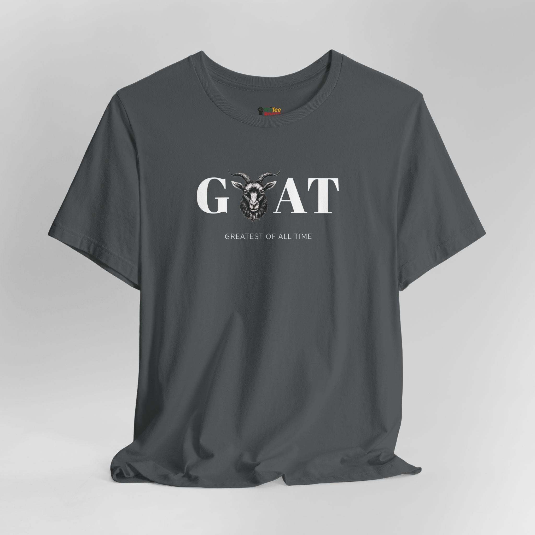 Gray t-shirt with 'GAT Greatest of All Time' graphic on a gray background