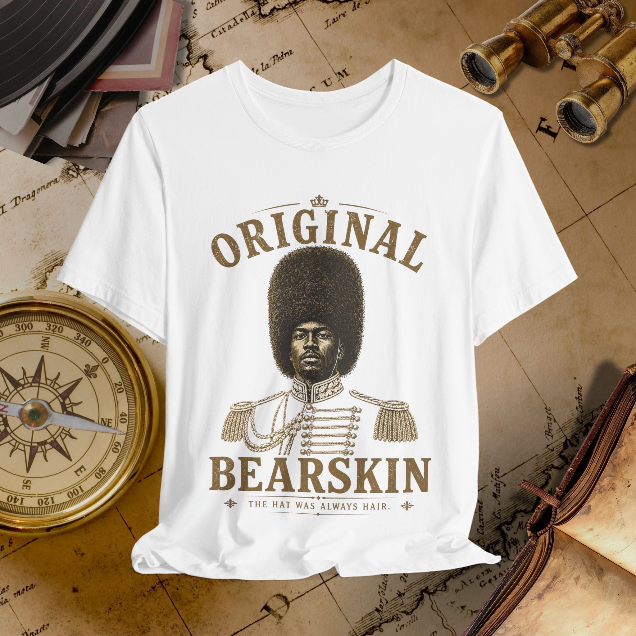 White t-shirt with a graphic of a man in uniform and text 'Original Bearskin' on a vintage background.