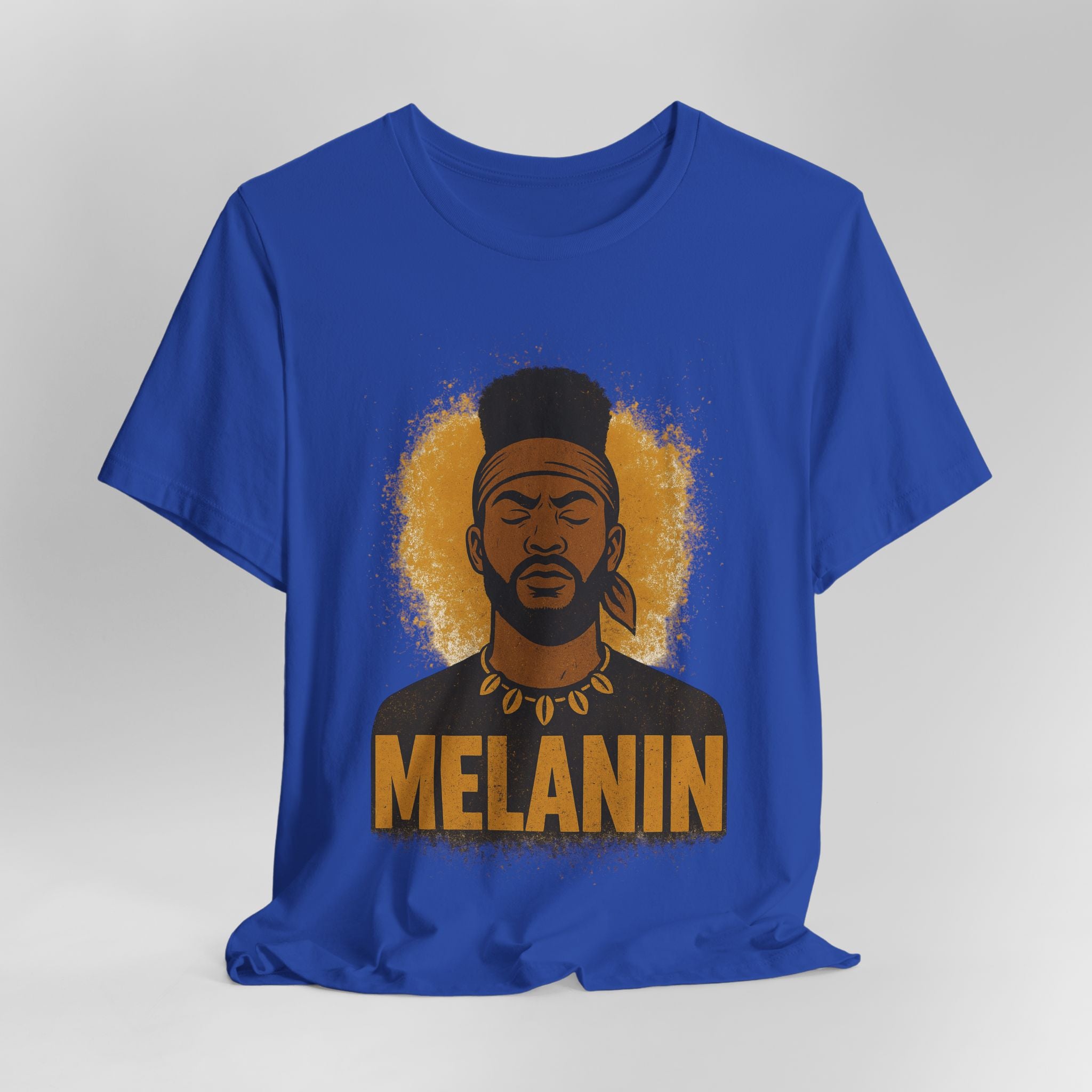 Blue t-shirt with a graphic of a man with 'Melanin' text on a gray background
