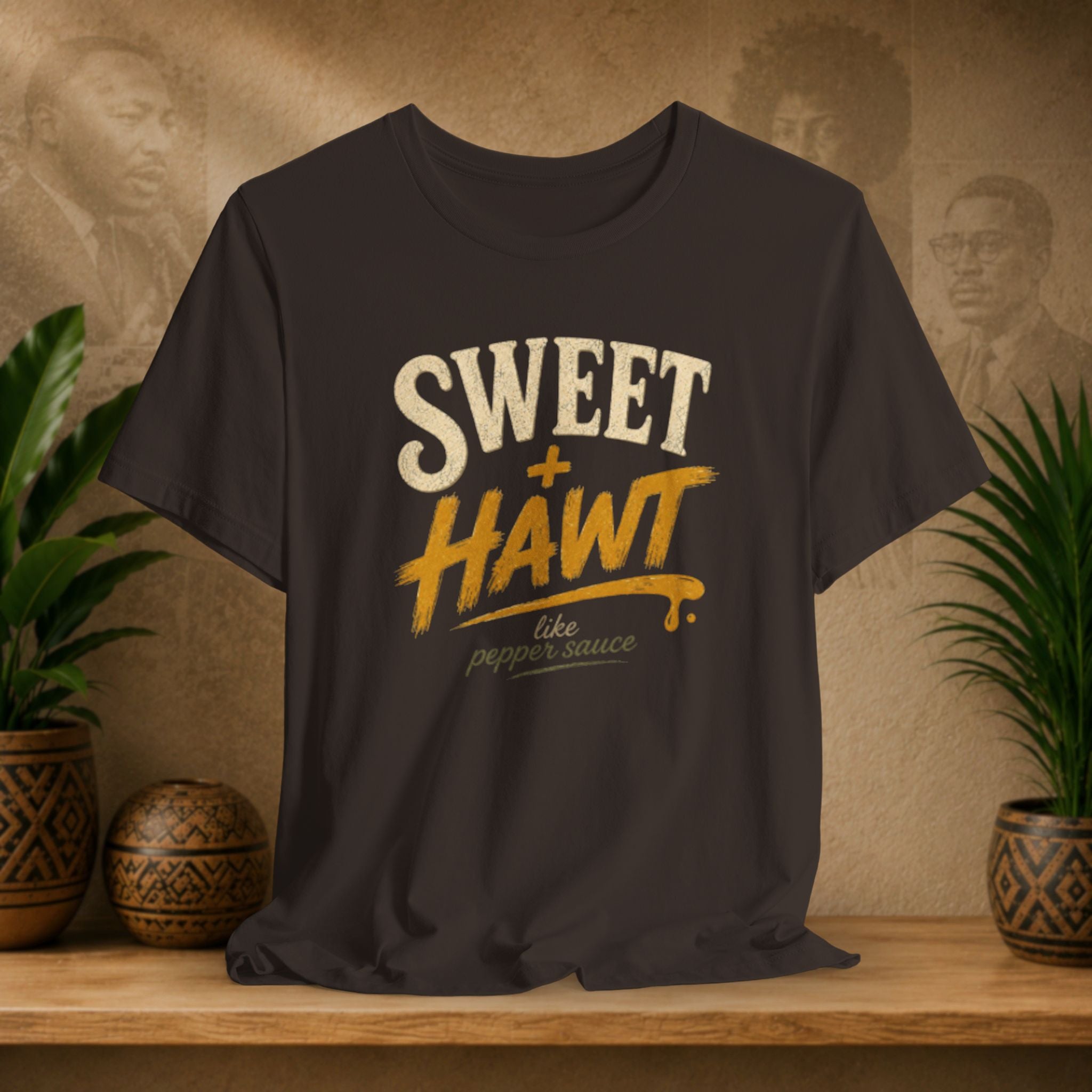 A brown graphic t-shirt displayed on a wooden shelf, flanked by potted green plants and decorative baskets against a textured beige background with sepia portraits. The shirt features a distressed graphic reading 'SWEET + HAWT like pepper sauce' in cream and mustard yellow.