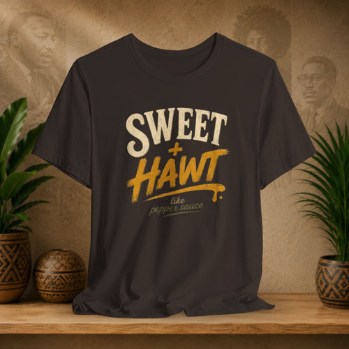 A brown graphic t-shirt displayed on a wooden shelf, flanked by potted green plants and decorative baskets against a textured beige background with sepia portraits. The shirt features a distressed graphic reading 'SWEET + HAWT like pepper sauce' in cream and mustard yellow.