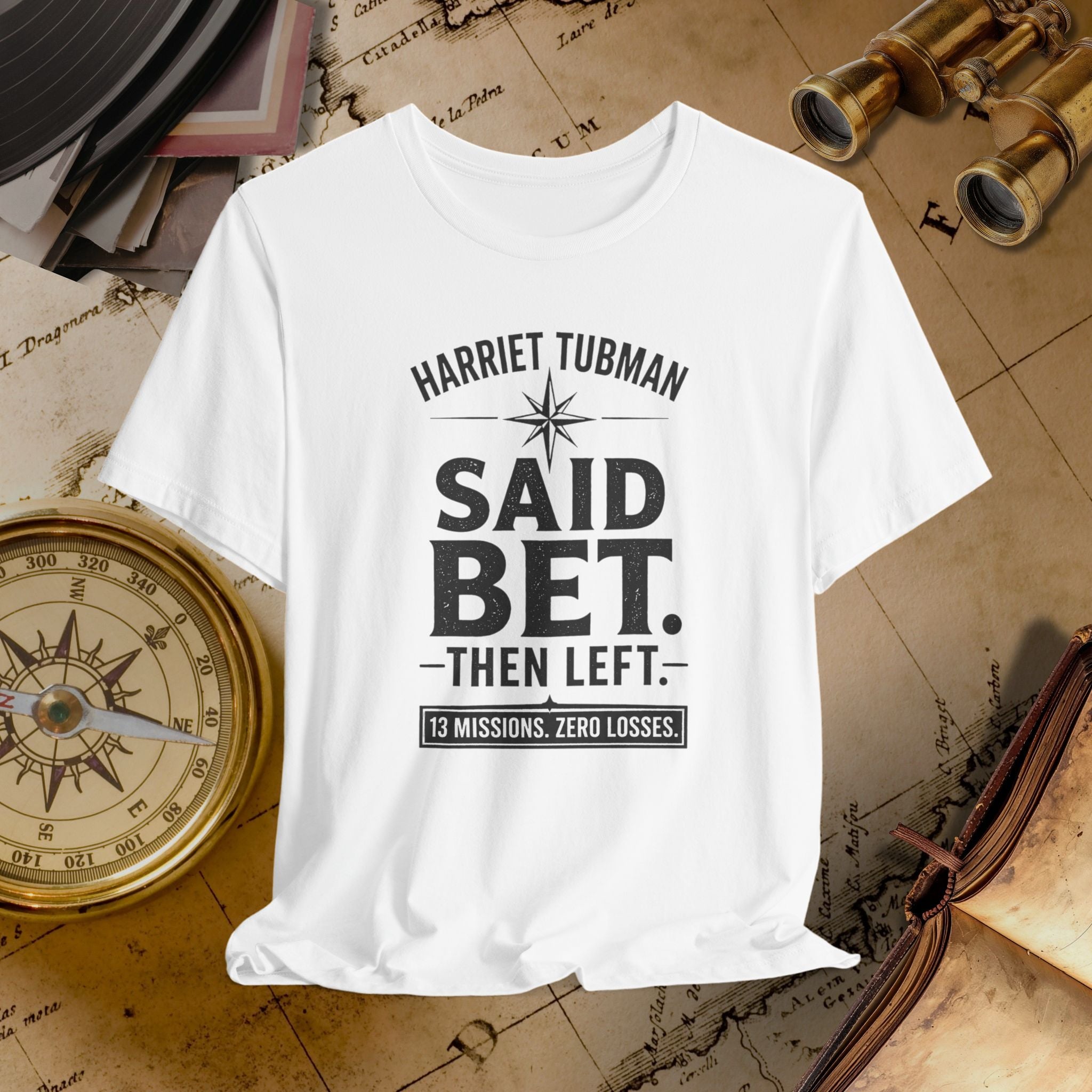 White t-shirt with text on a vintage map background
