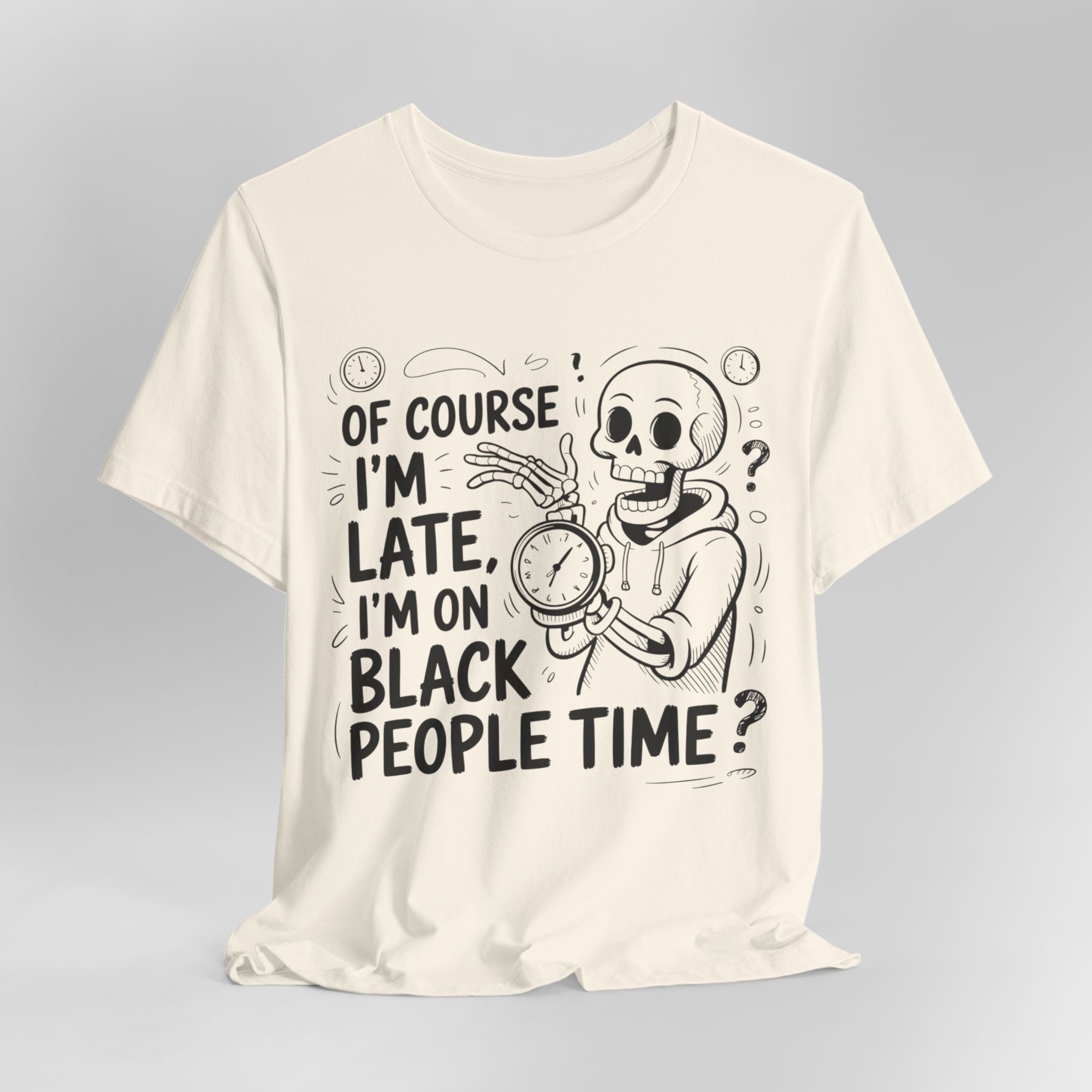 Cream t-shirt with a skeleton holding a clock and text on a gray background
