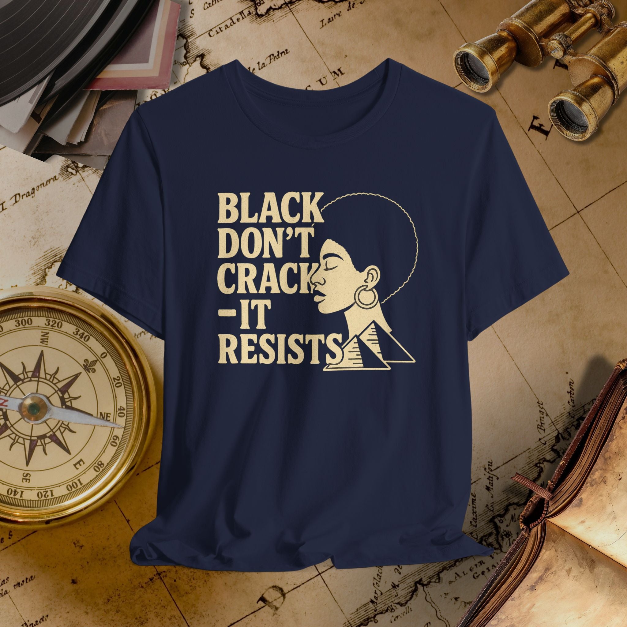 Navy t-shirt with text on a vintage map background