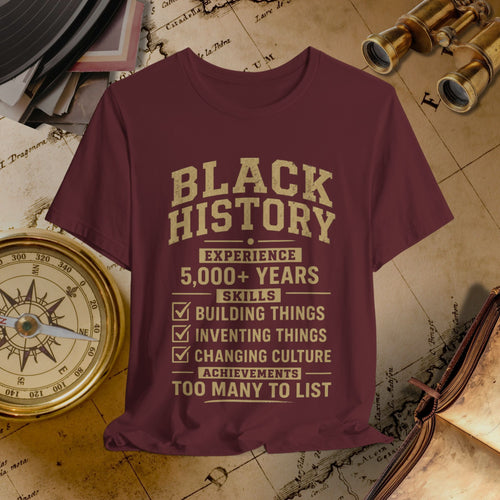 Maroon t-shirt with 'Black History' text on a vintage map background