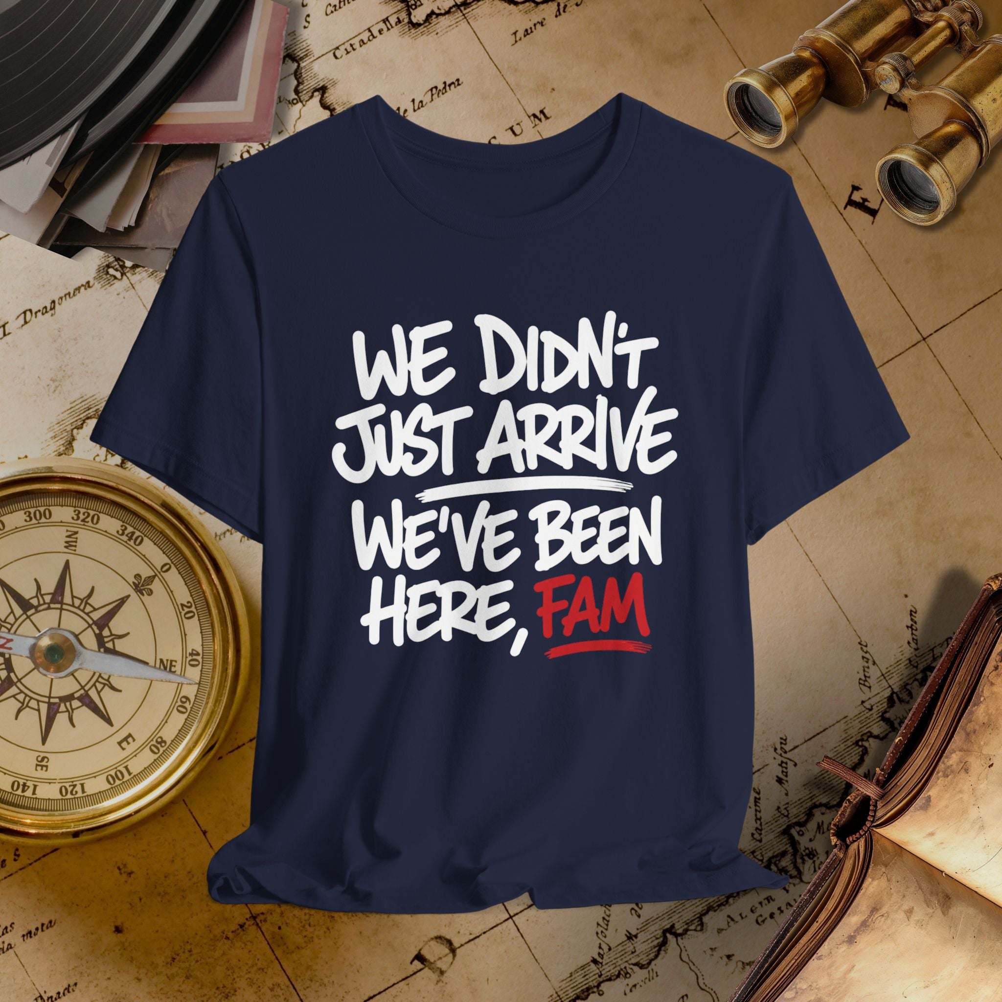 Navy blue t-shirt with humorous text on a vintage map background