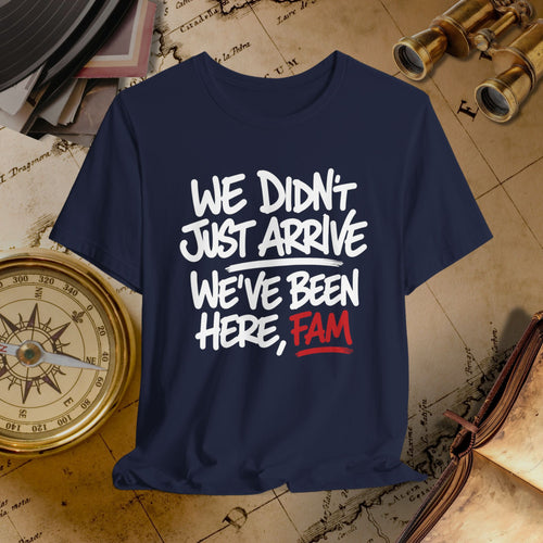 Navy blue t-shirt with humorous text on a vintage map background