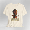 White t-shirt with a graphic of a person's face and 'Respect My Hue' text on a gray background