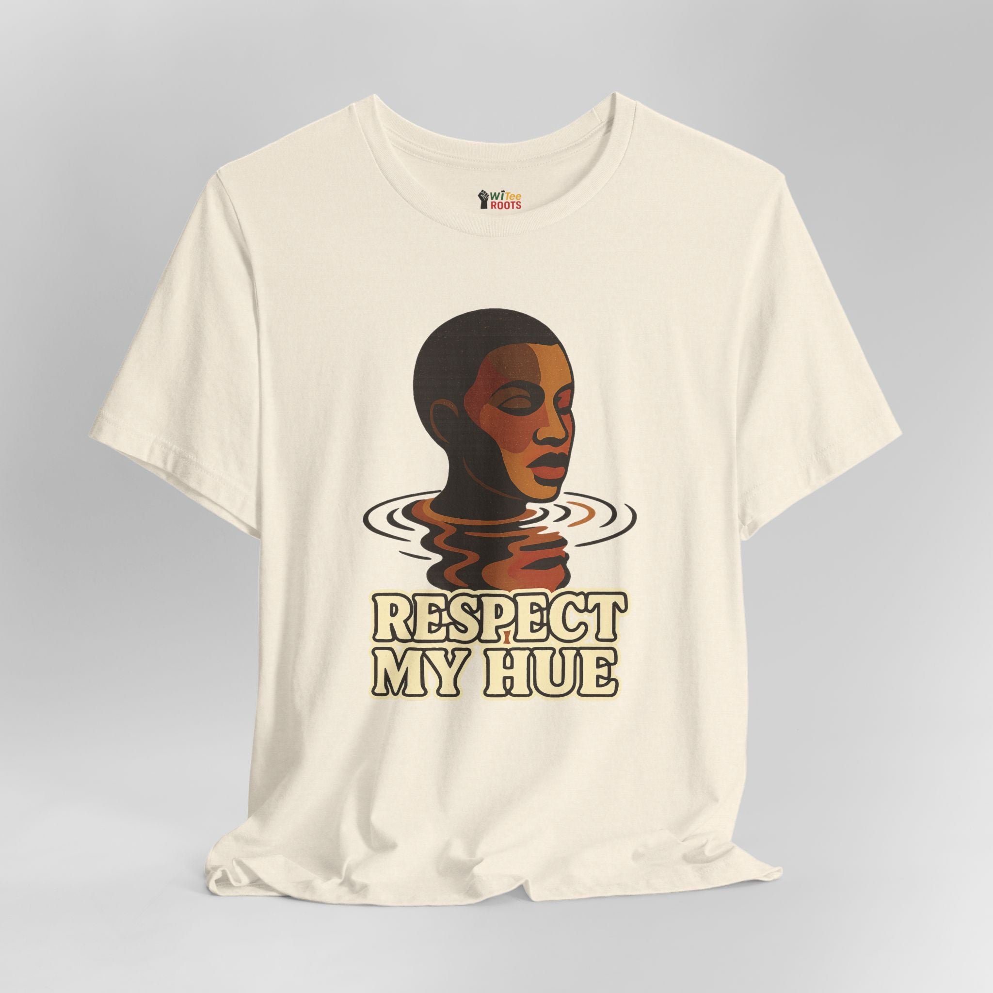 White t-shirt with a graphic of a person's face and 'Respect My Hue' text on a gray background