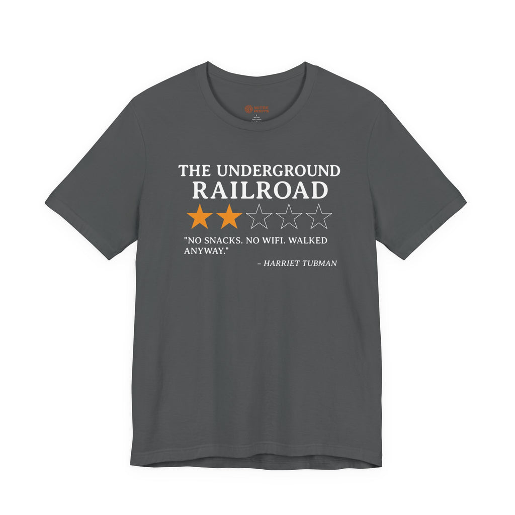 Gray t-shirt with text and star graphics on a white background