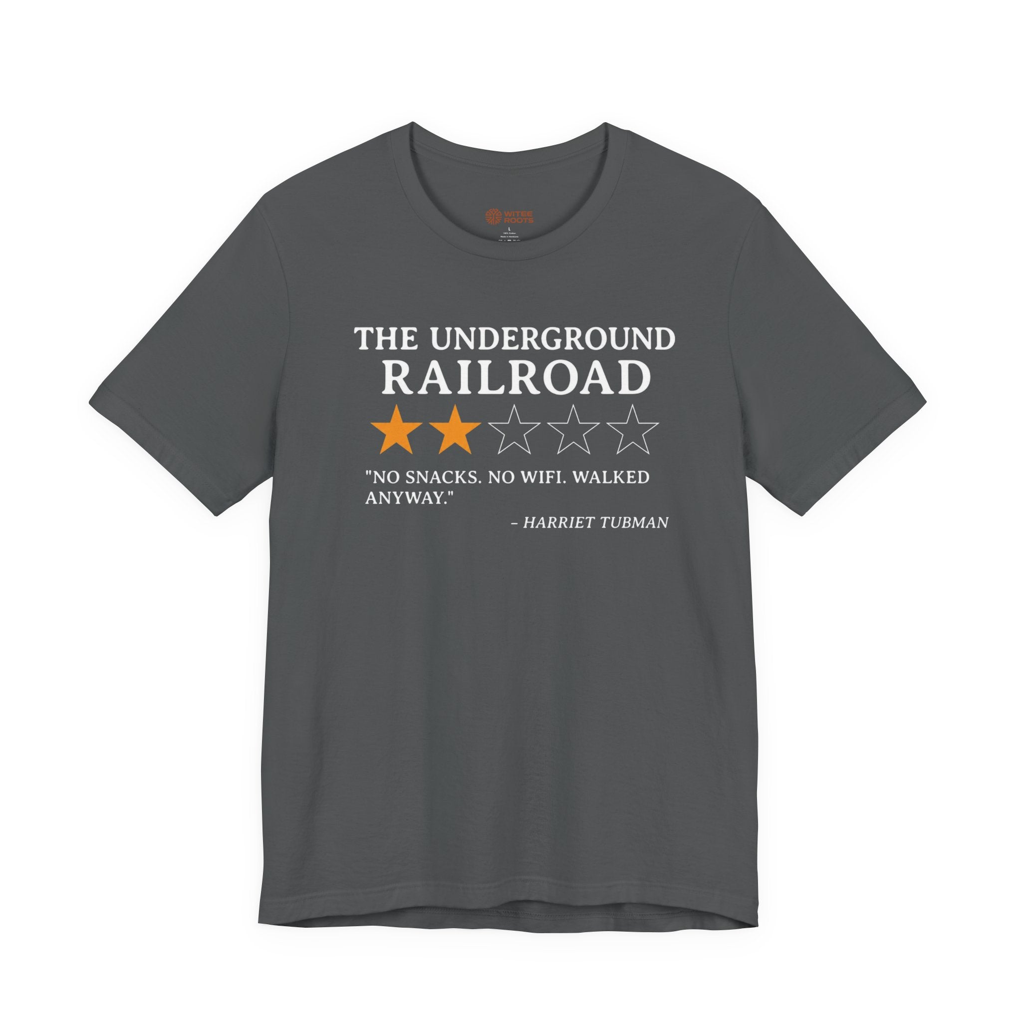 Gray t-shirt with text and star graphics on a white background
