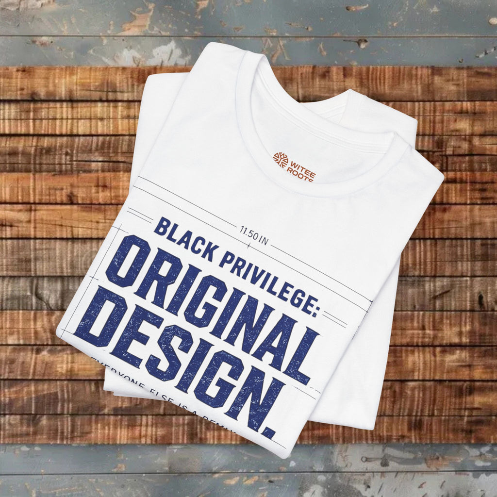 White t-shirt with text on a wooden surface