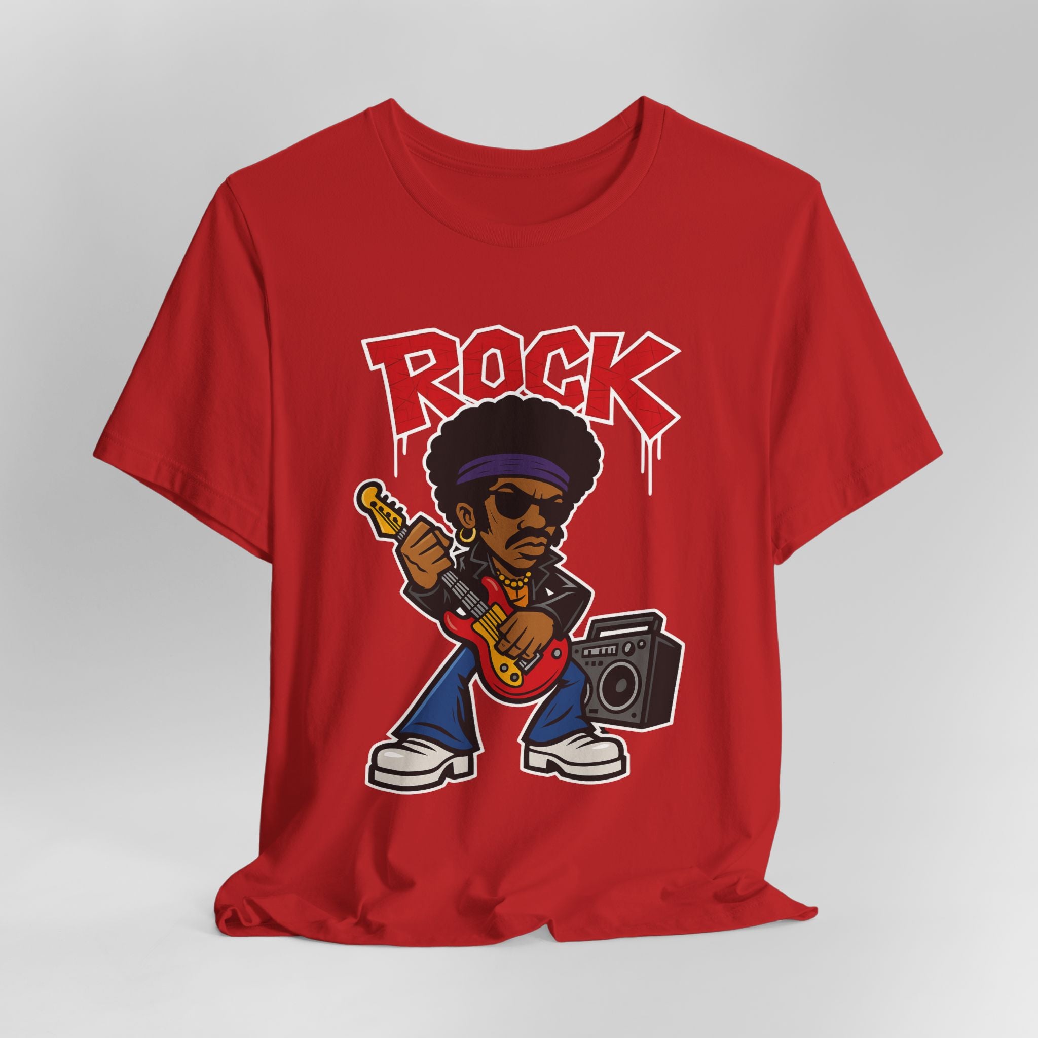 Red t-shirt with a graphic of a rock musician playing guitar and holding a boombox, with 'ROCK' text above.