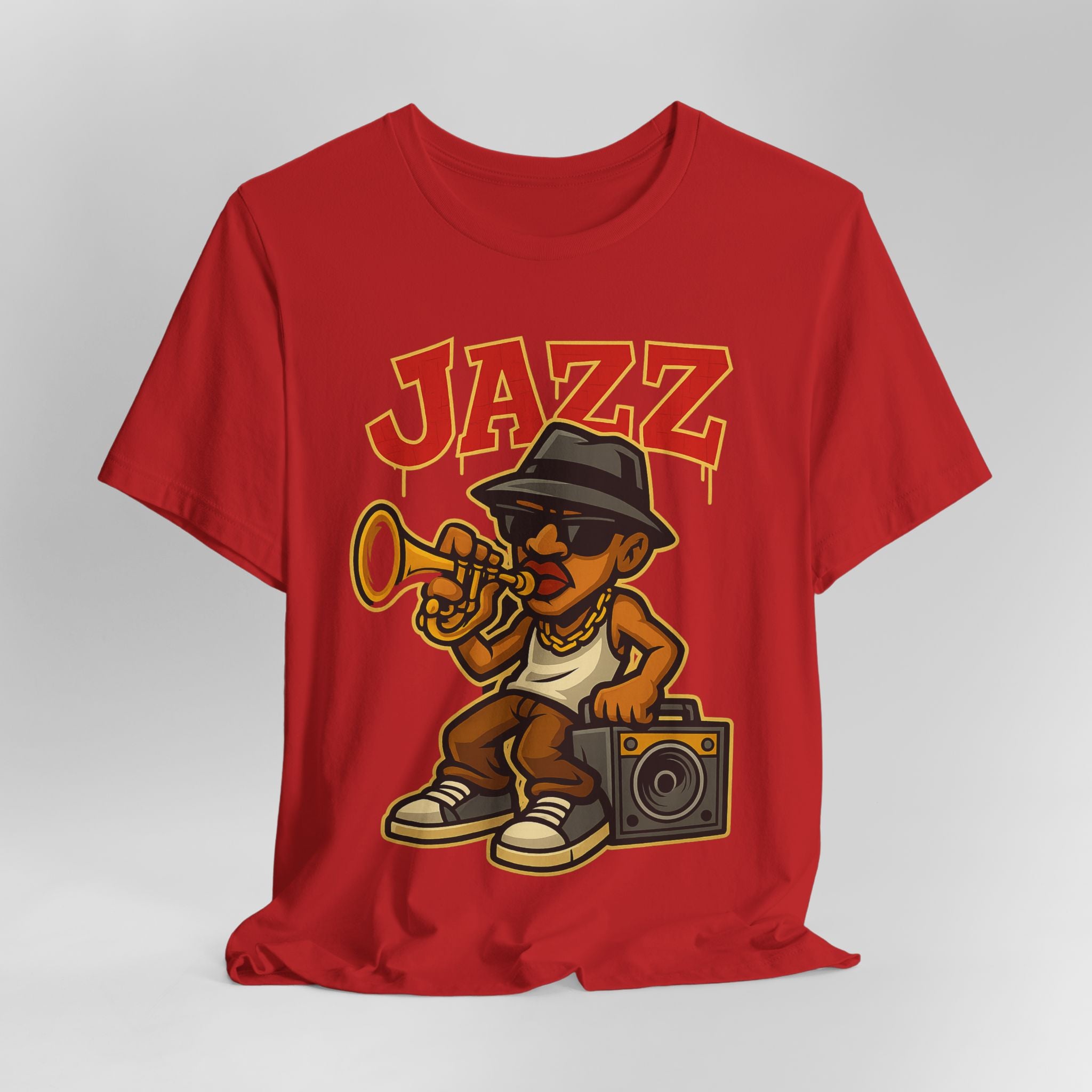 Red t-shirt with a cartoon character playing a trumpet and the word 'Jazz' on a gray background