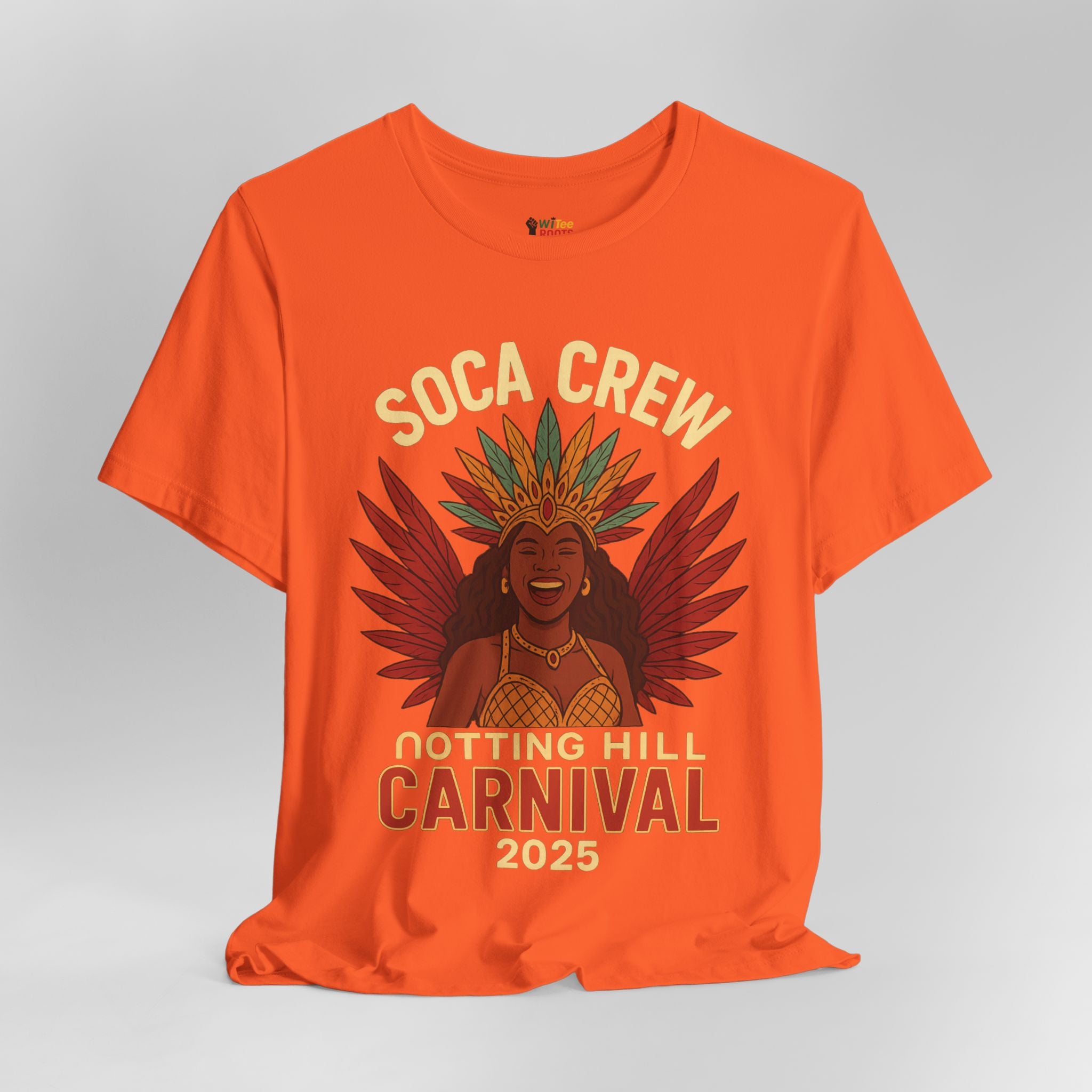 Orange t-shirt with 'Soca Crew Notting Hill Carnival 2025' design on a gray background