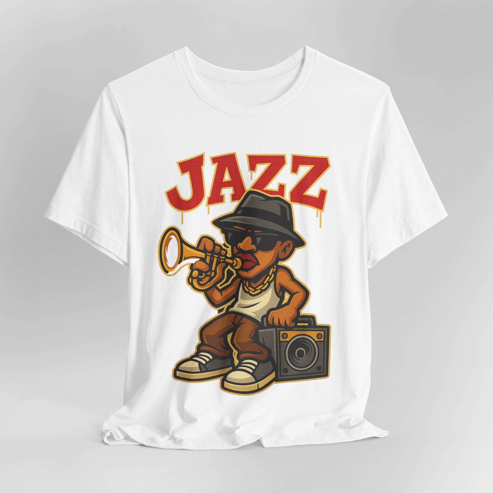 White t-shirt with a cartoon character playing a trumpet and the word 'Jazz' on a gray background