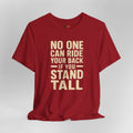 Red t-shirt with motivational quote on a gray background