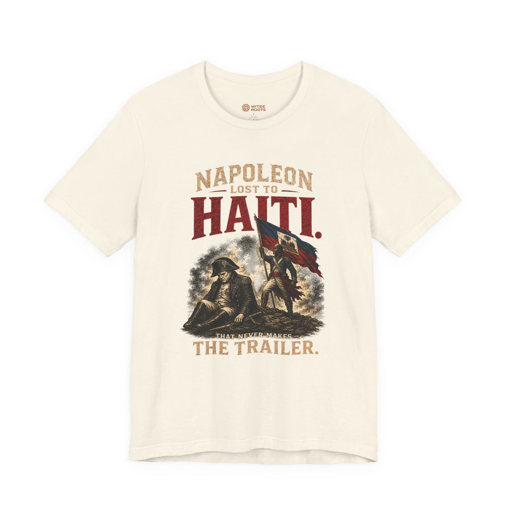 T-shirt with graphic design and text on a white background
