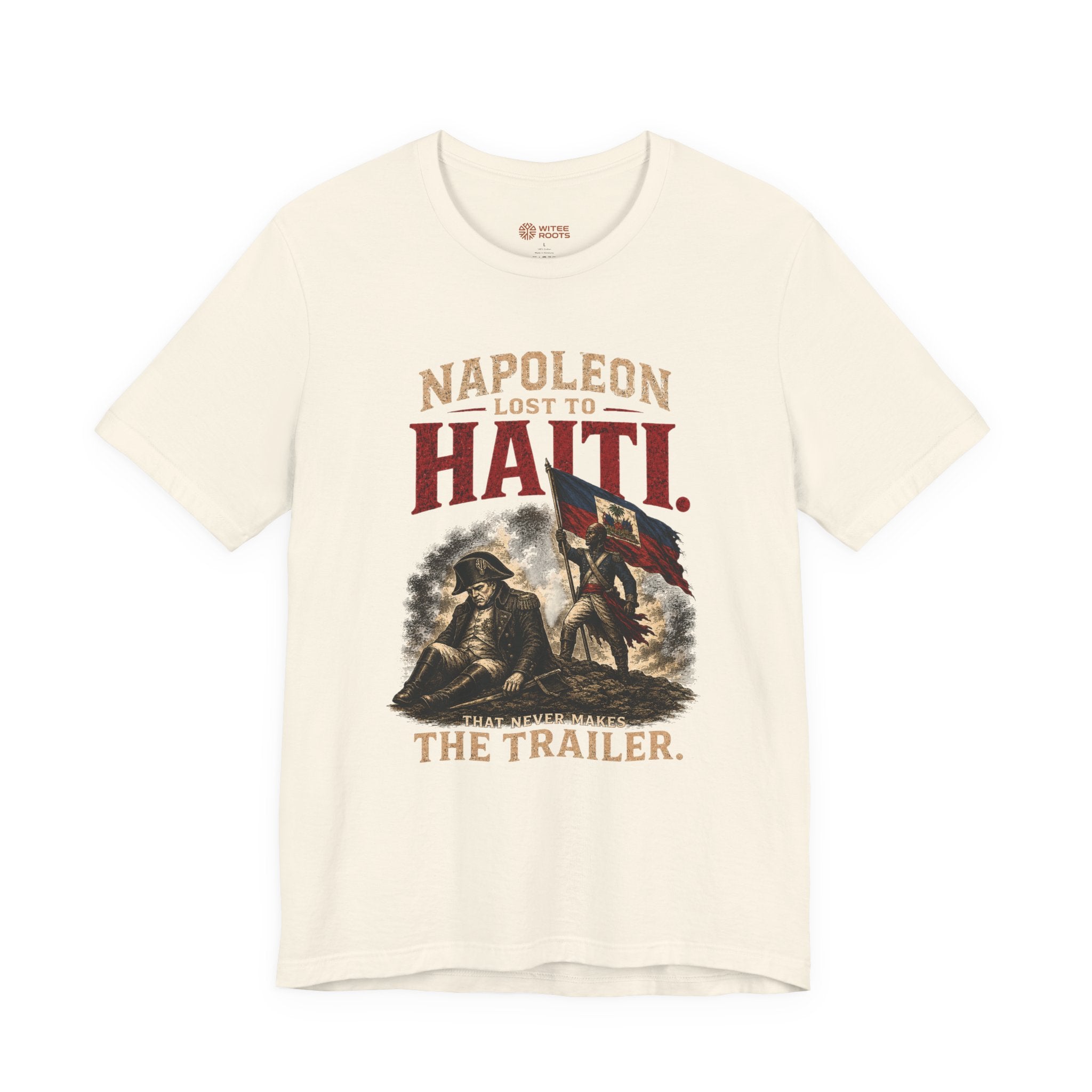 T-shirt with graphic design and text on a white background