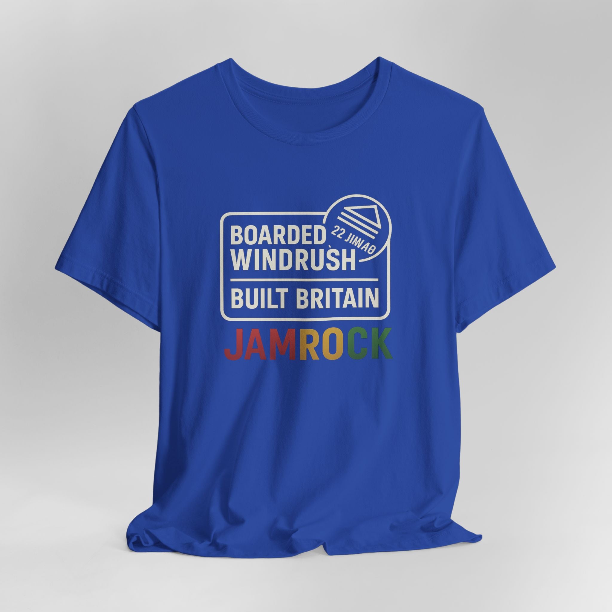 Blue t-shirt with text and logo on a gray background