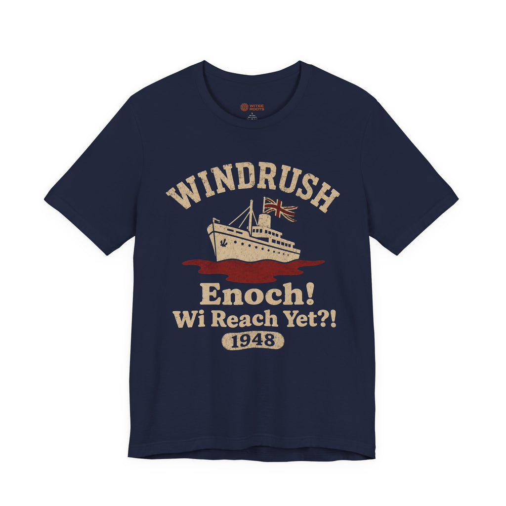 Navy blue t-shirt with 'Windrush' graphic and text on a white background