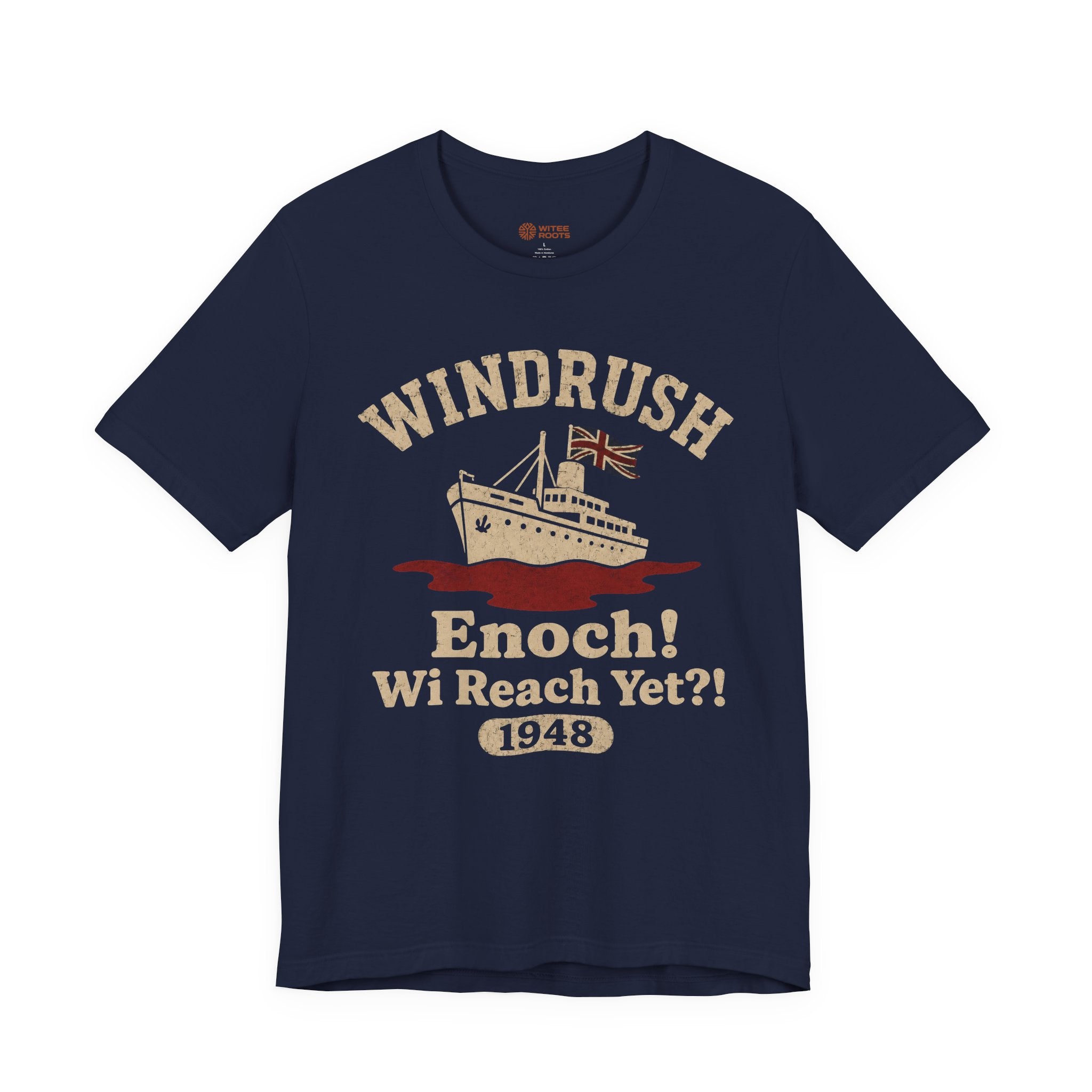 Navy blue t-shirt with 'Windrush' graphic and text on a white background