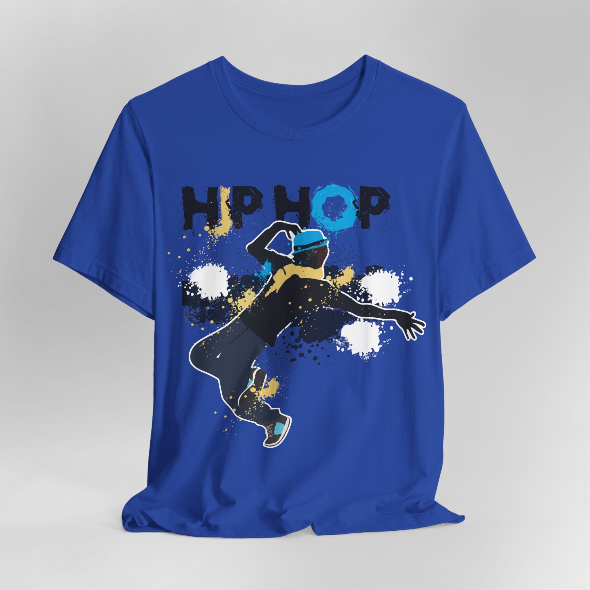 Blue t-shirt with a graphic of a dancer and 'HIP HOP' text on a gray background
