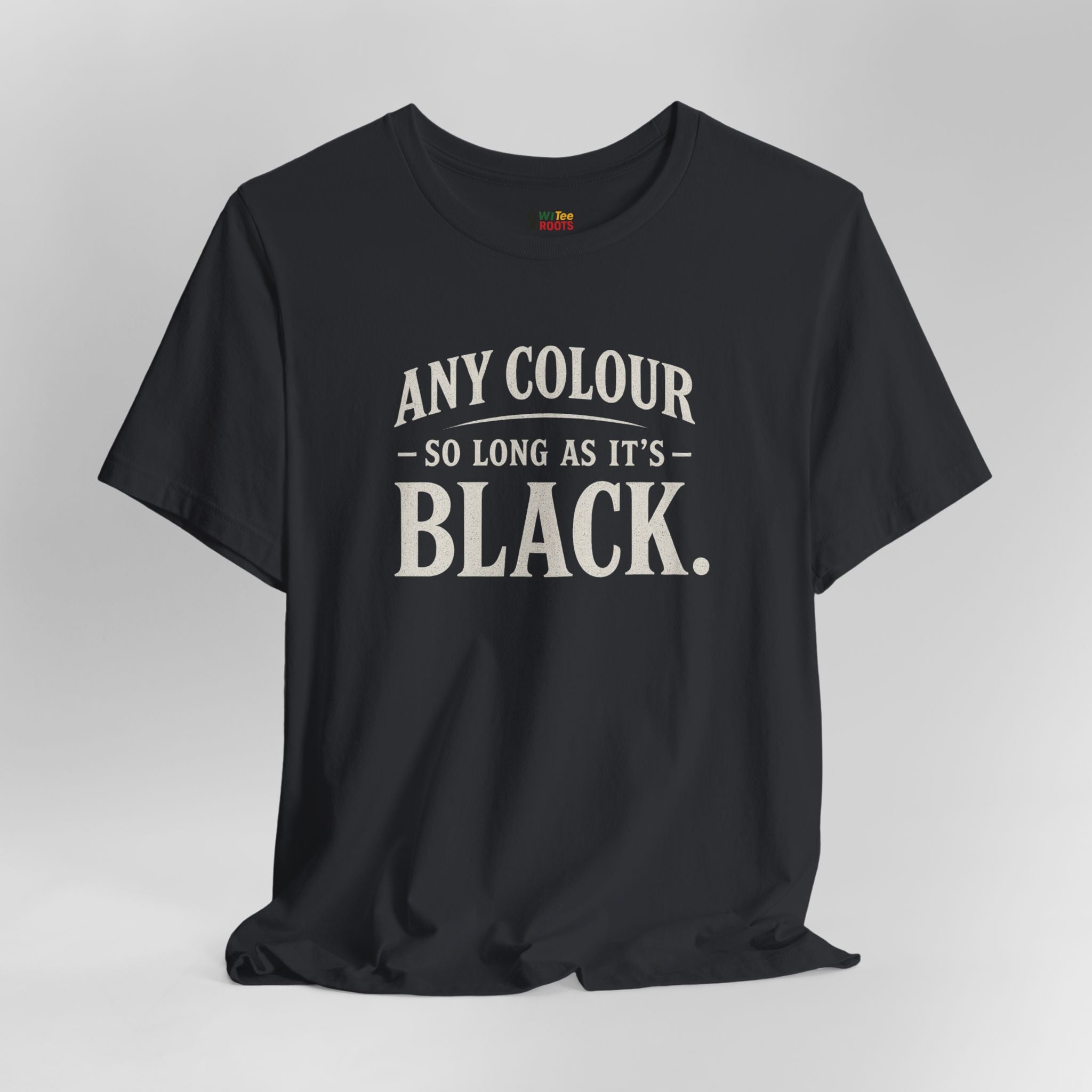 Black t-shirt with white text on a gray background