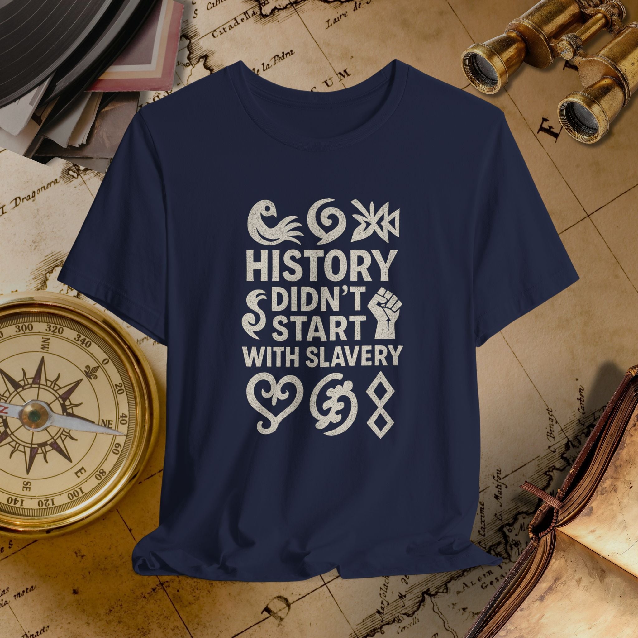 Navy blue t-shirt with white text and symbols on a vintage map background