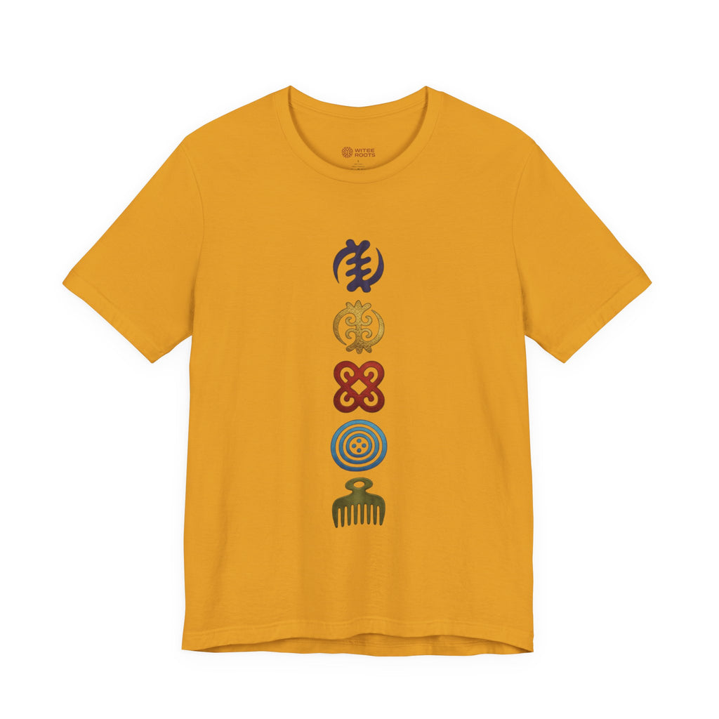 Mustard t-shirt with five colorful symbols on a white background