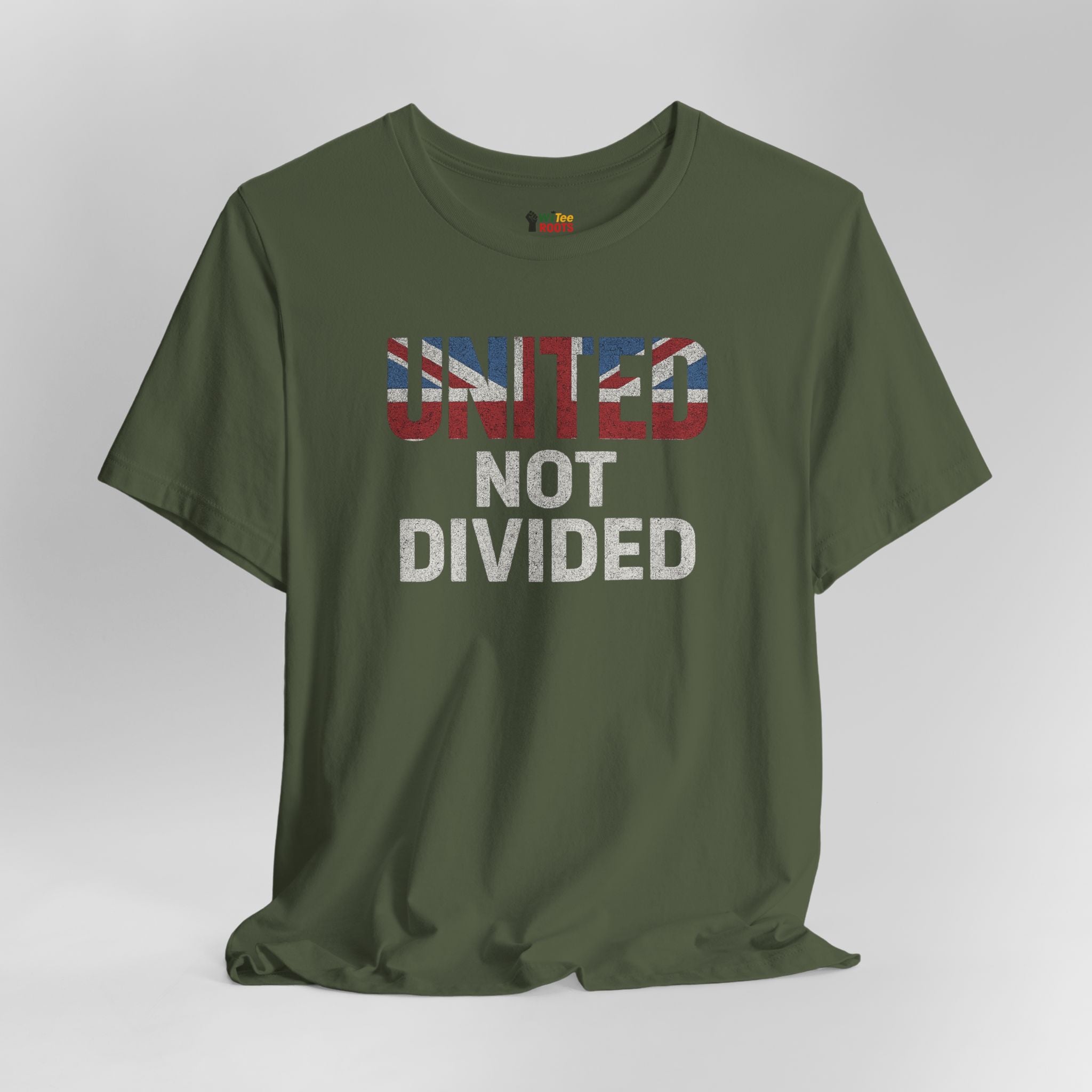 Green t-shirt with 'UNITED NOT DIVIDED' text on a white background