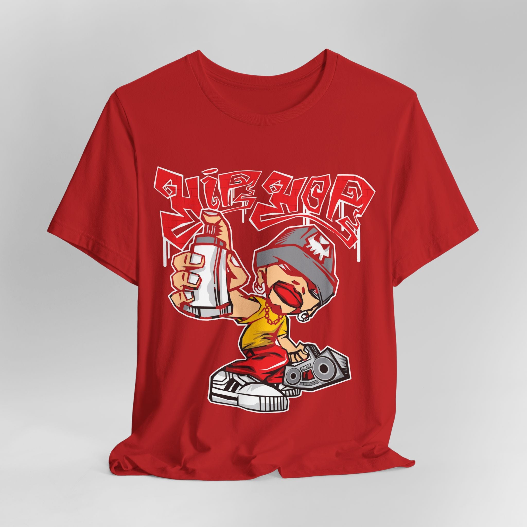 Red t-shirt with a graphic design of a person holding a bottle and wearing headphones on a gray background