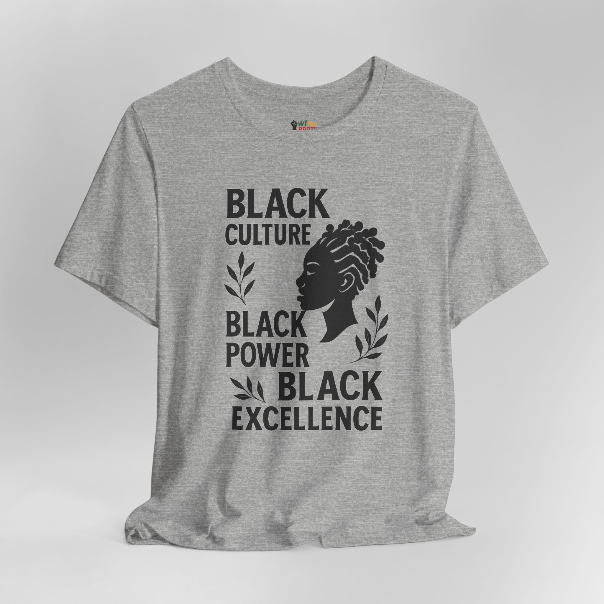 Gray t-shirt with 'Black Culture, Black Power, Black Excellence' text and silhouette design on a white background