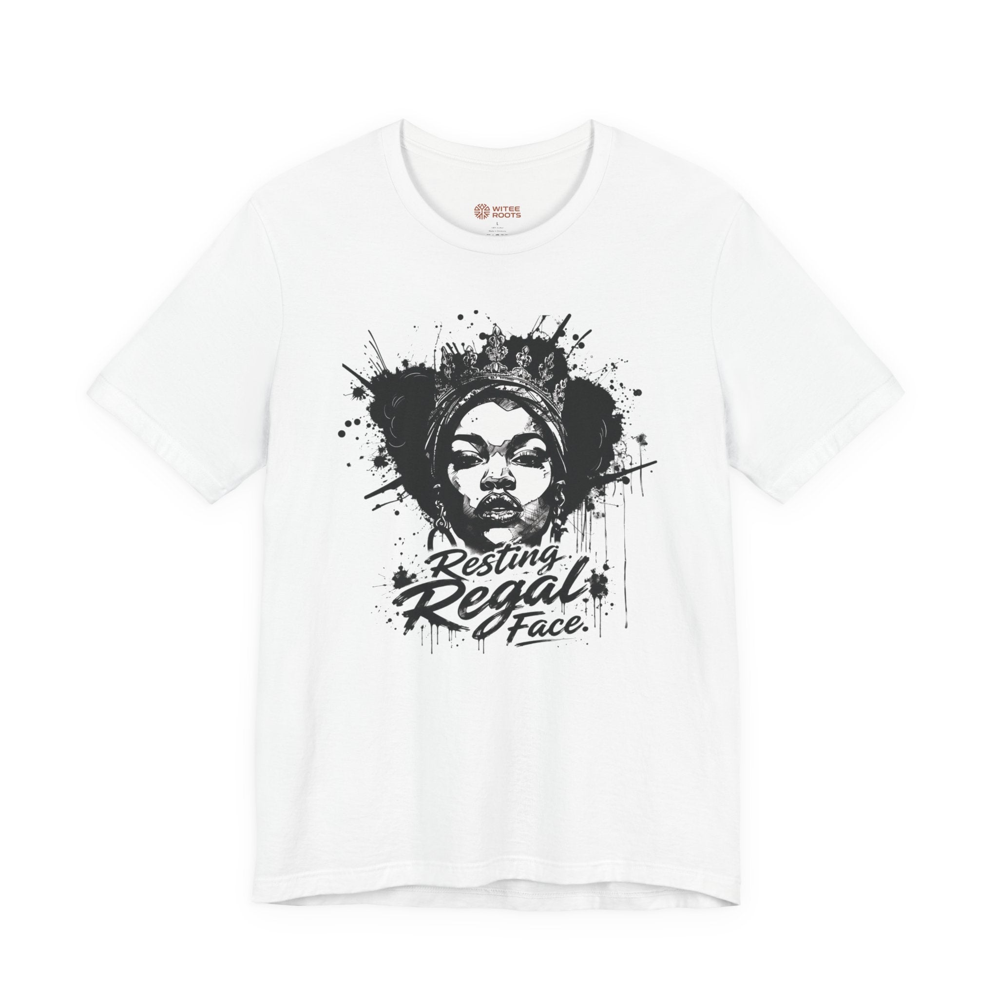 White t-shirt with black graphic design and text on a white background