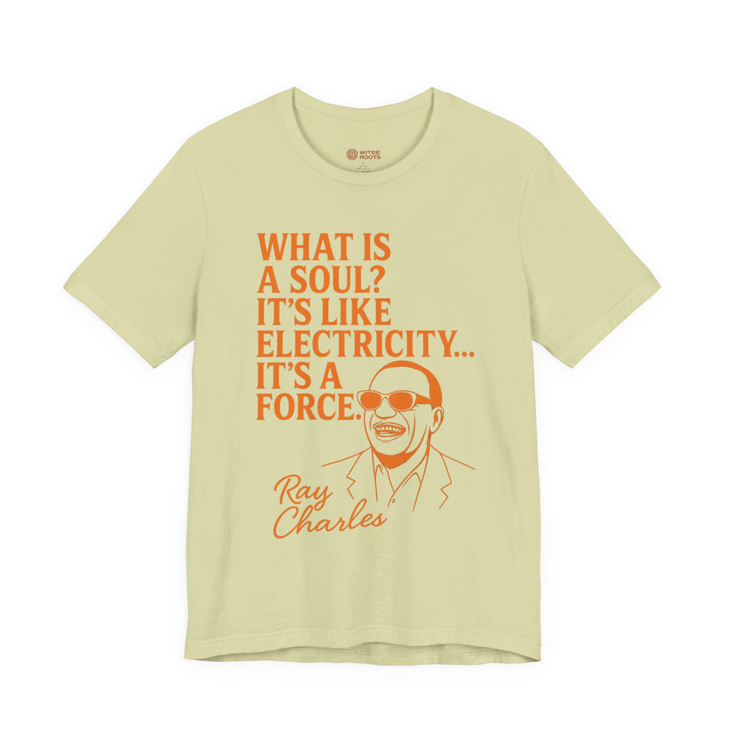 Light green t-shirt with orange text and a graphic of Ray Charles on a white background