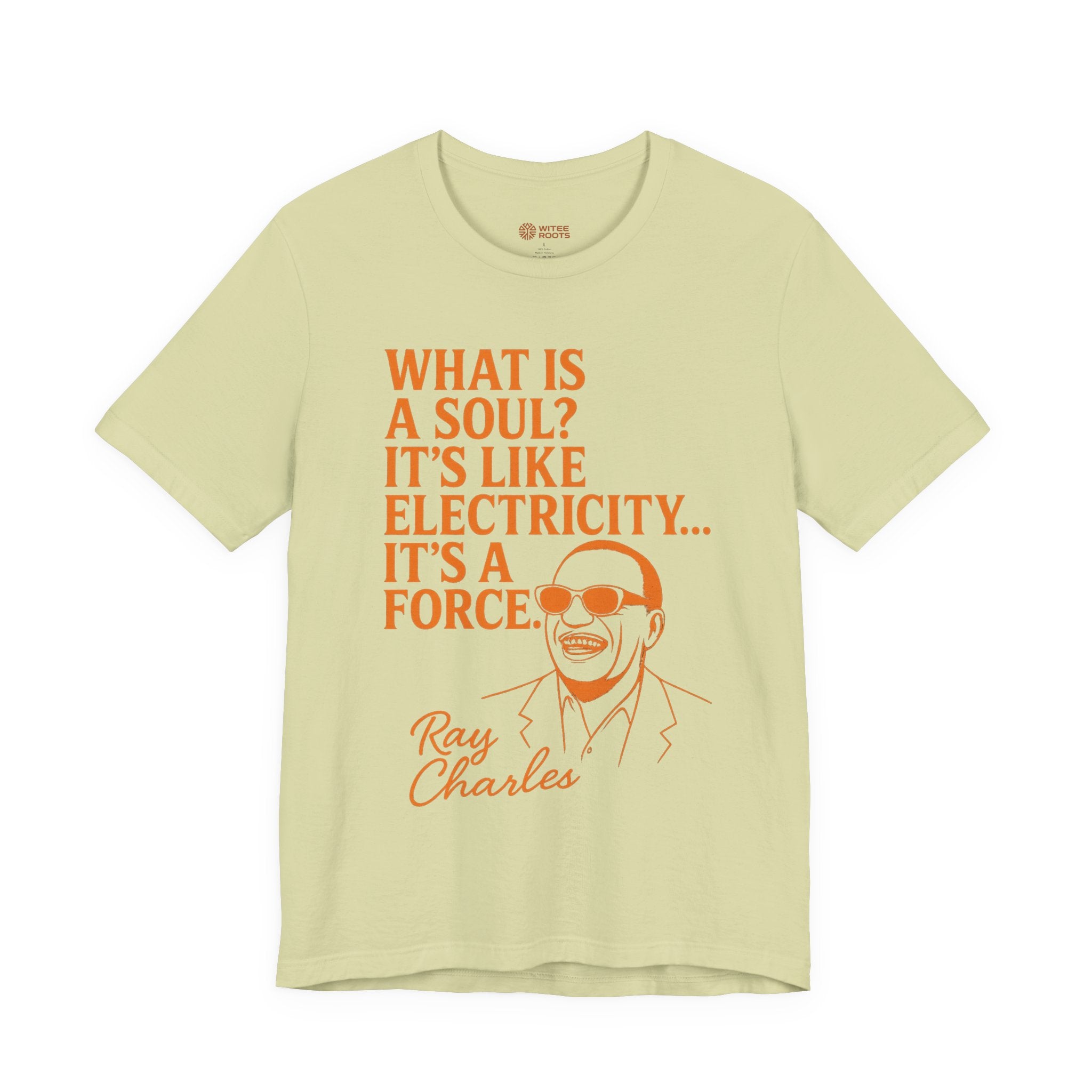 Light green t-shirt with orange text and a graphic of Ray Charles on a white background