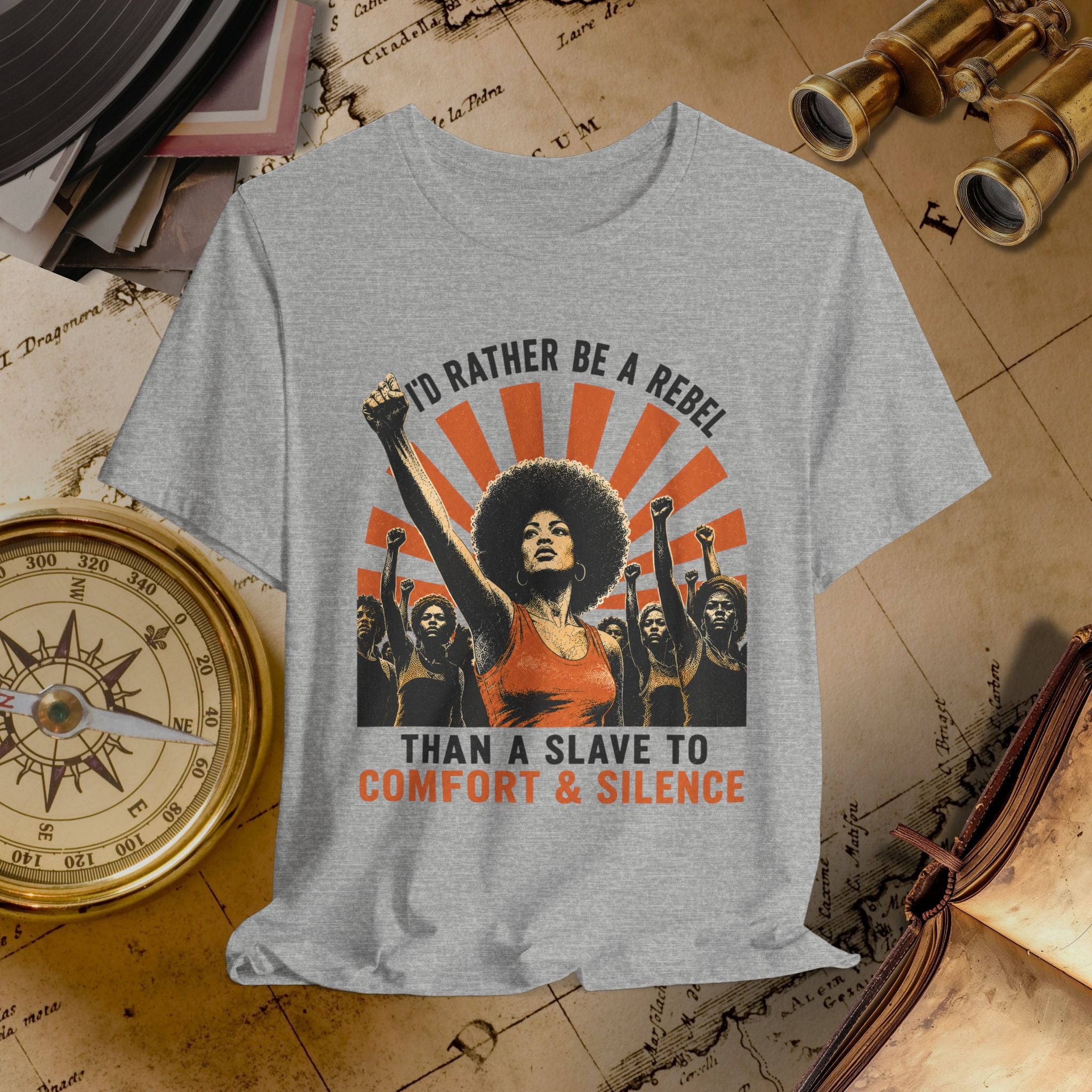 Gray t-shirt with graphic design of a woman and text on a vintage background