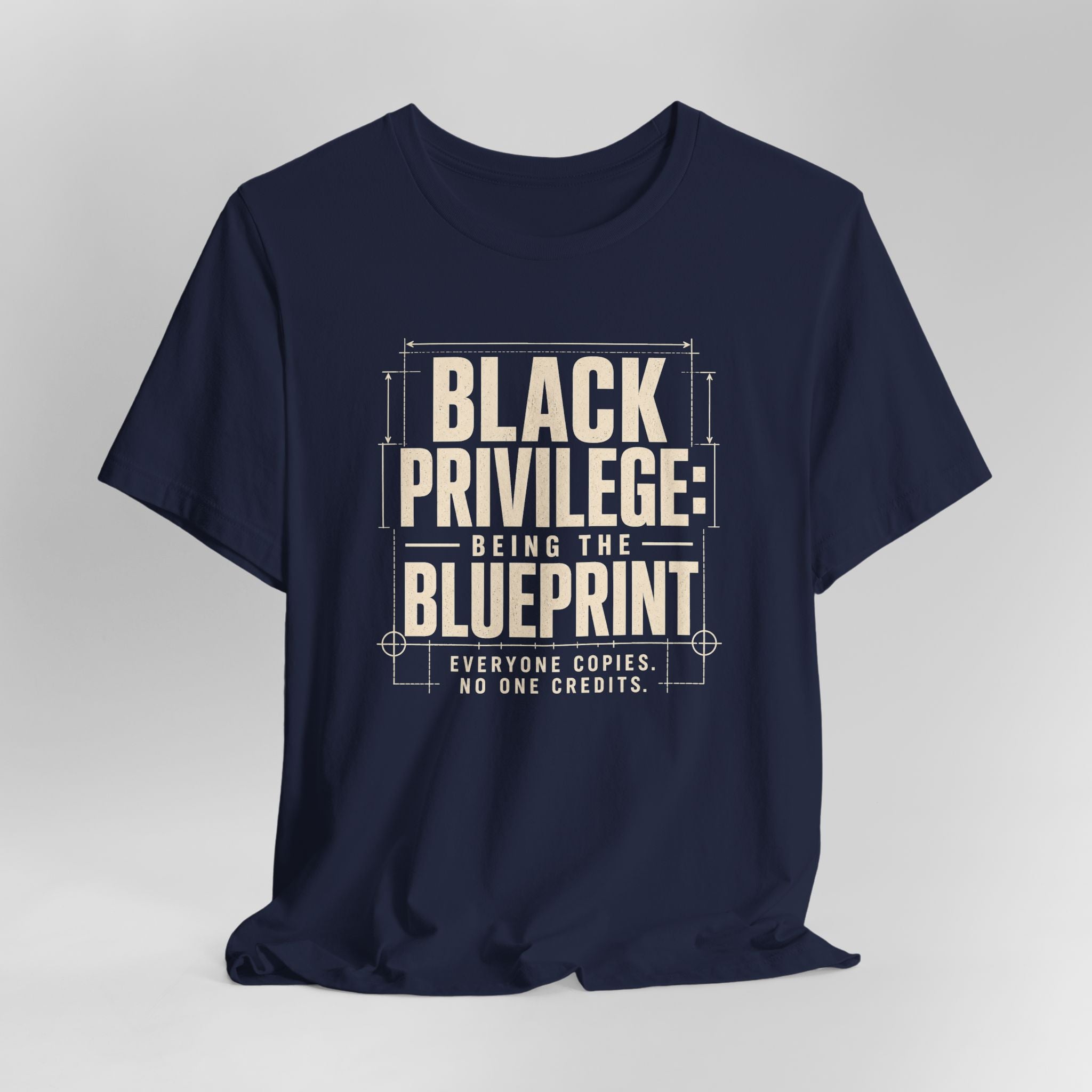 Navy blue t-shirt with white text on a light gray background