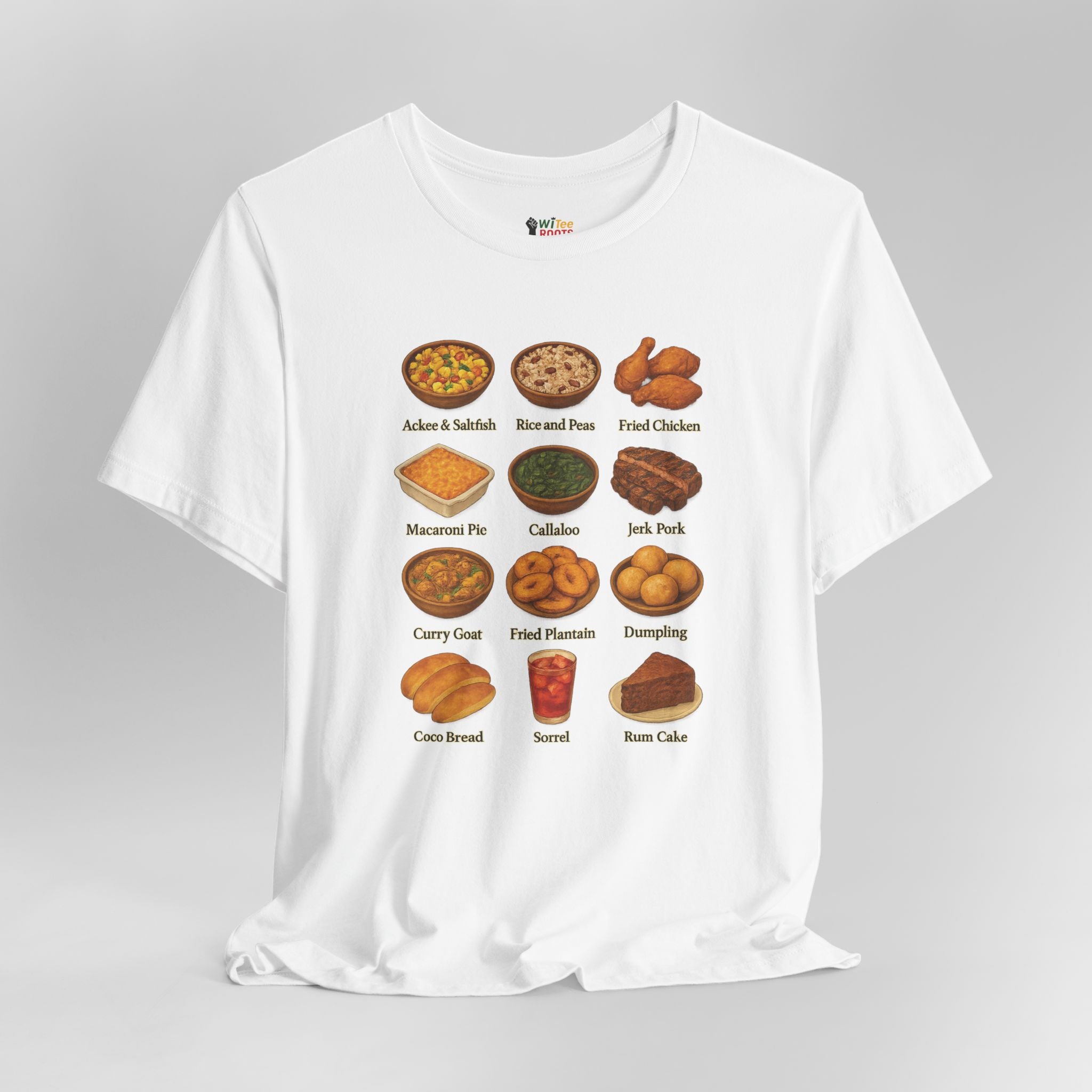 White t-shirt with food illustrations and text on a gray background