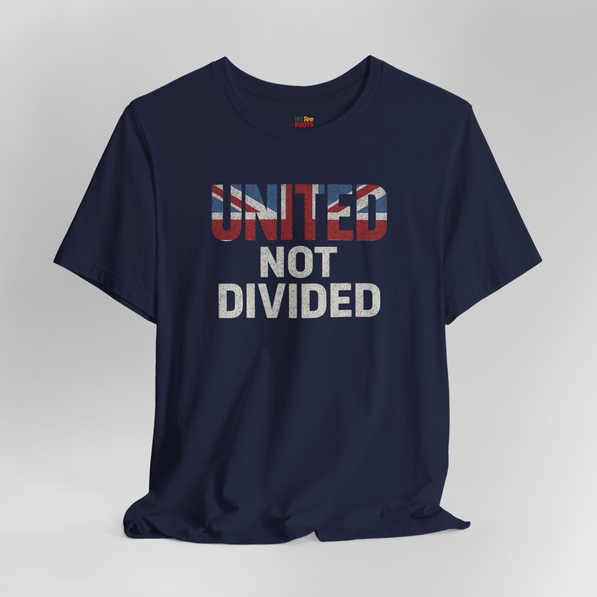 Navy blue t-shirt with 'UNITED NOT DIVIDED' text on a gray background