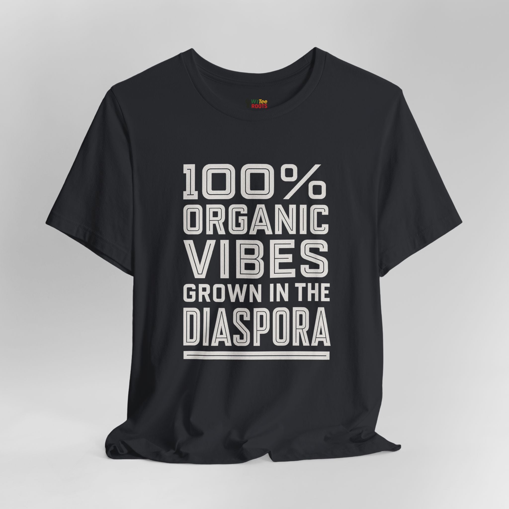 Black t-shirt with white text on a gray background