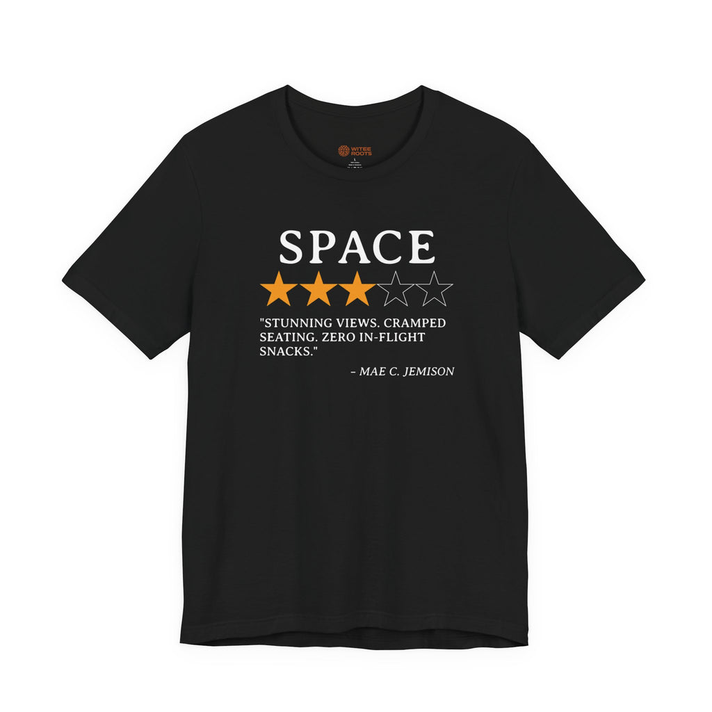 Black t-shirt with space-themed graphic and text on a white background