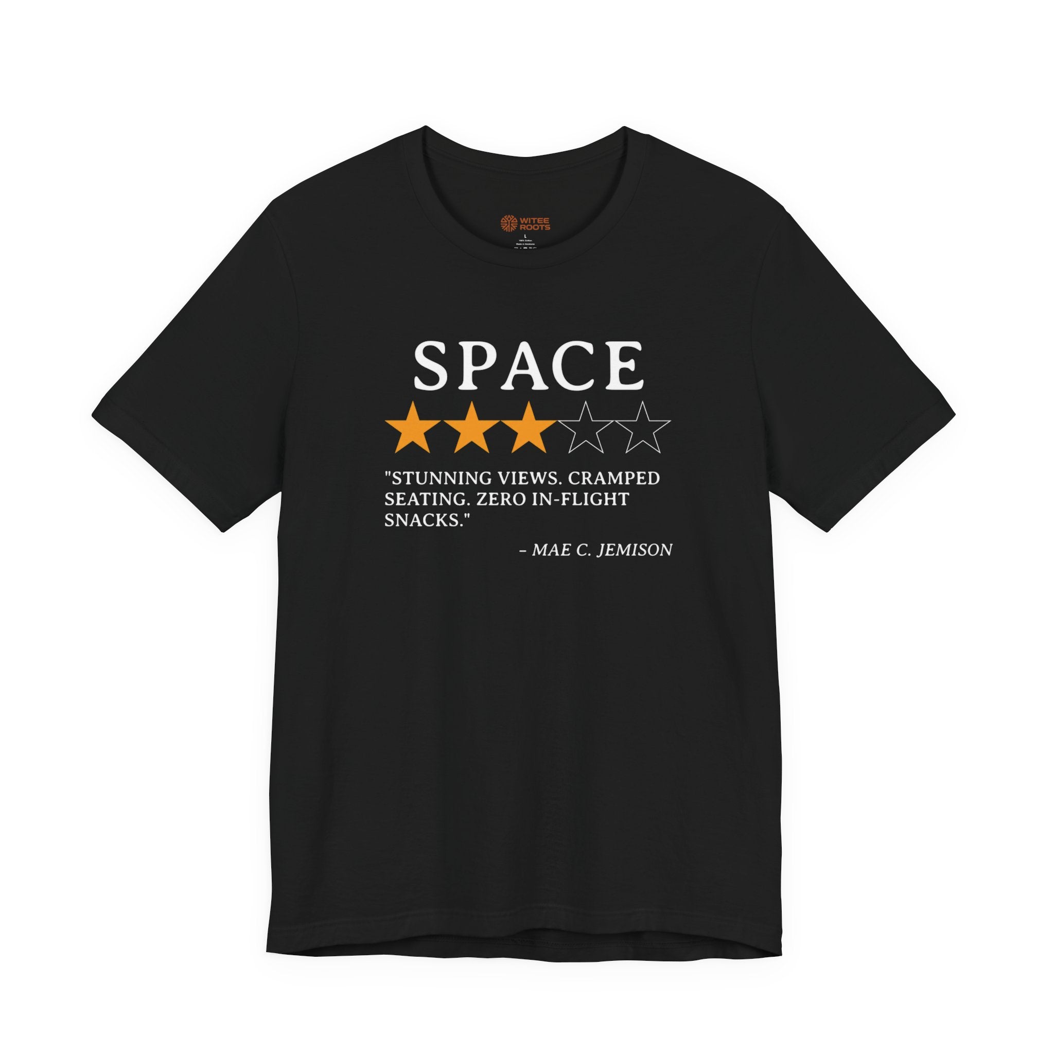 Black t-shirt with space-themed graphic and text on a white background