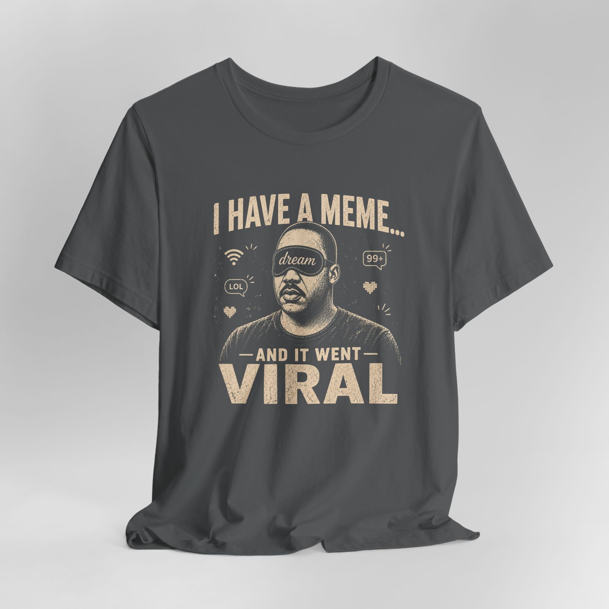 Gray t-shirt with graphic design and text on a light gray background