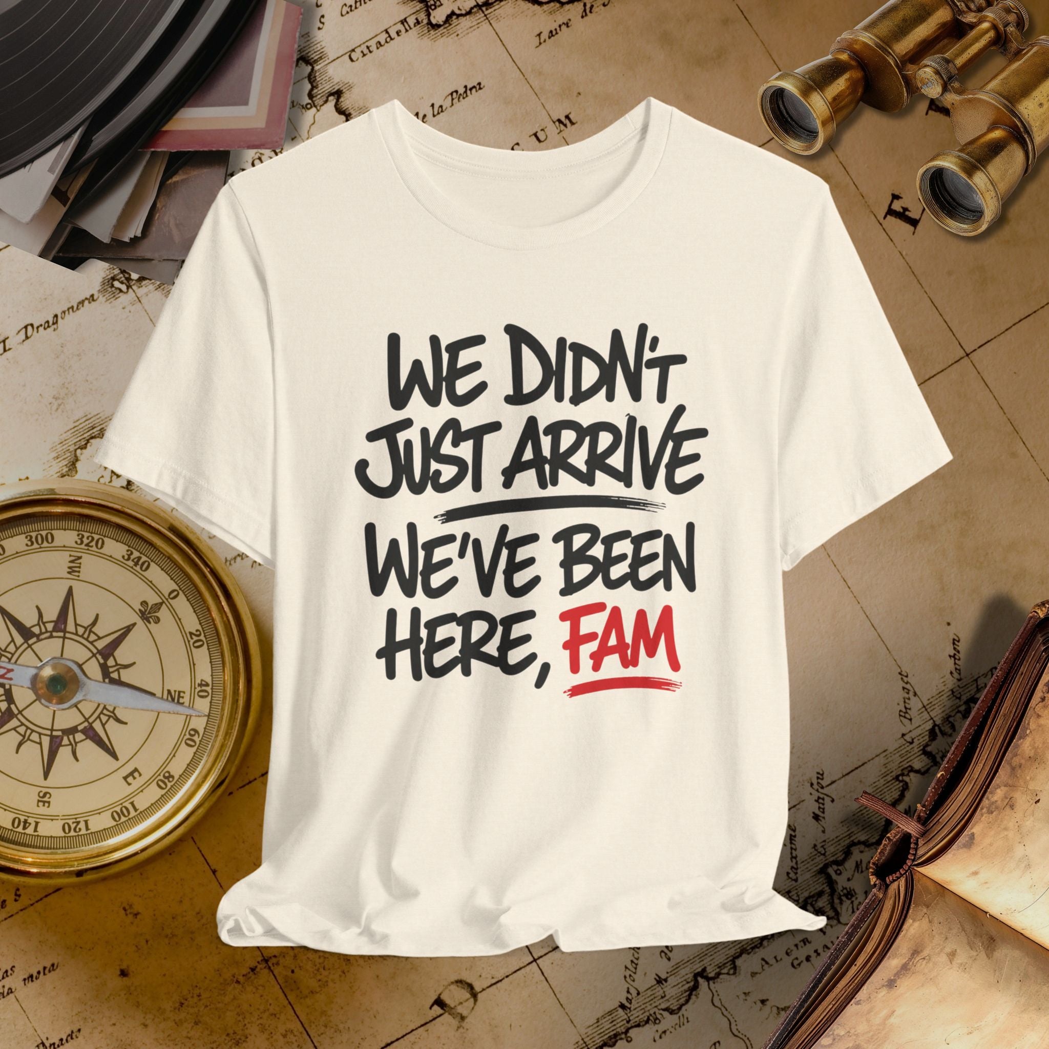 Beige t-shirt with humorous text on a vintage map background