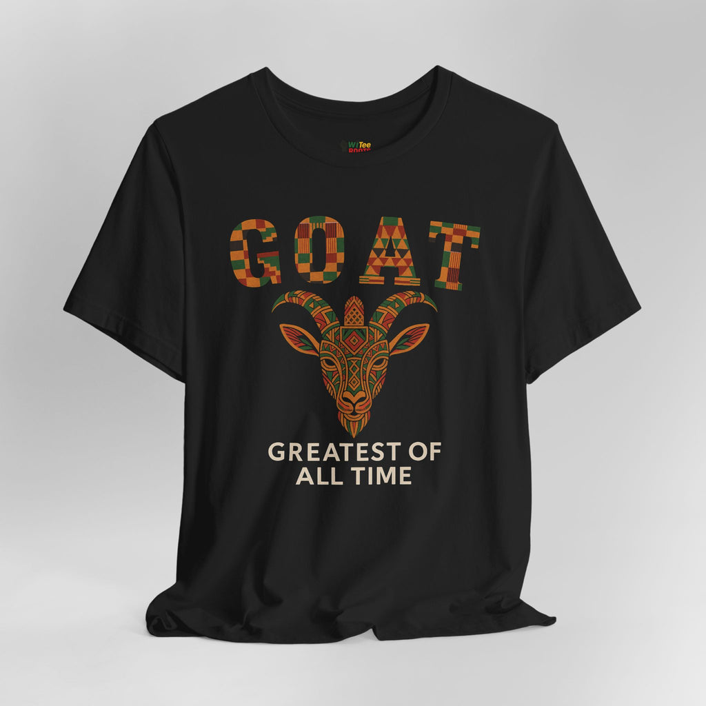 Black t-shirt with a colorful goat graphic and text on a gray background