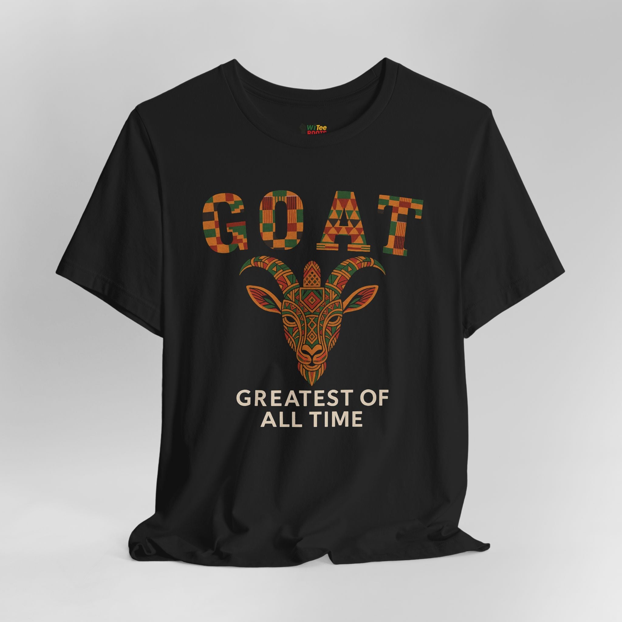 Black t-shirt with a colorful goat graphic and text on a gray background