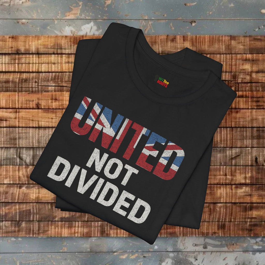 Black t-shirt with 'UNITED NOT DIVIDED' text on a wooden surface