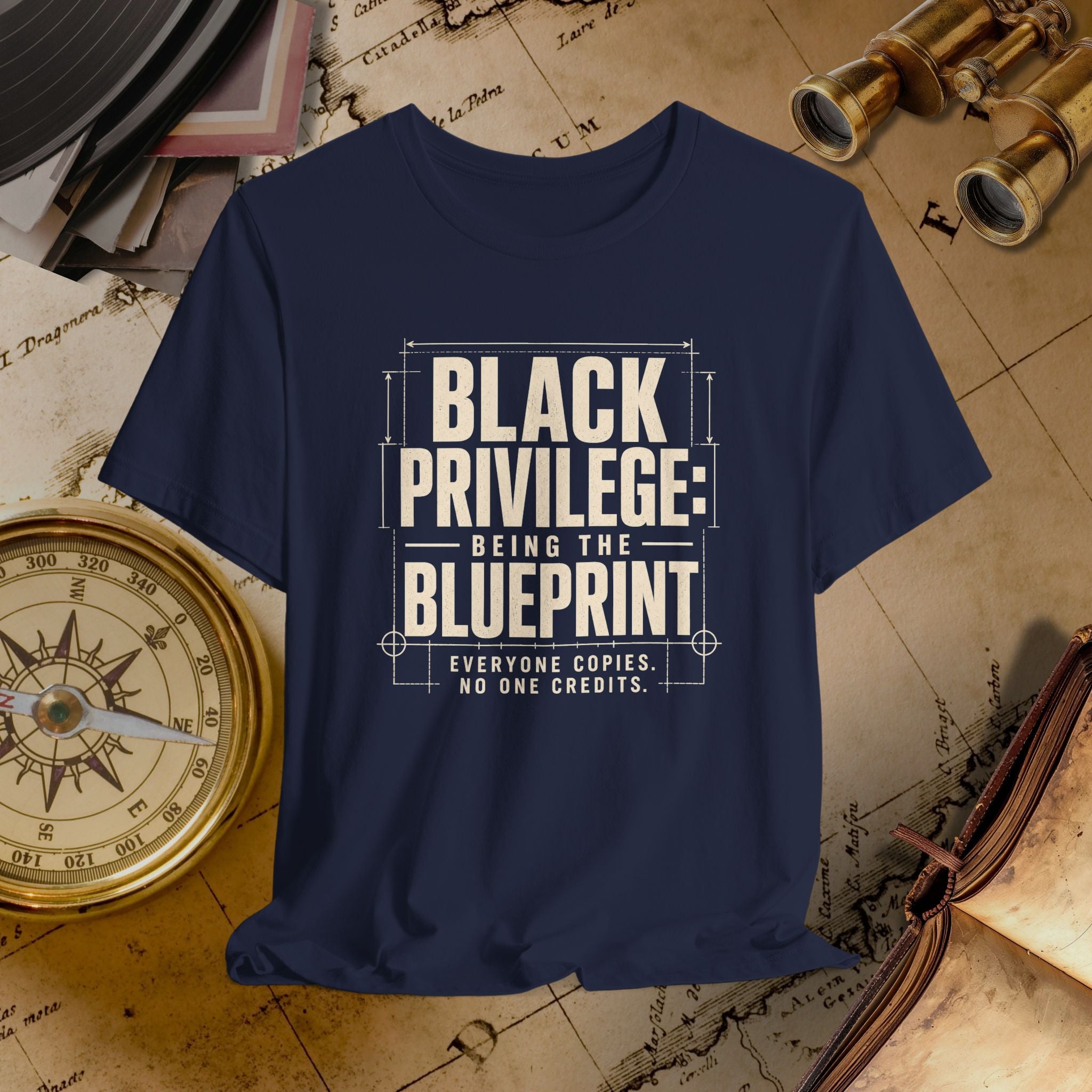 Navy blue t-shirt with white text on a vintage map background