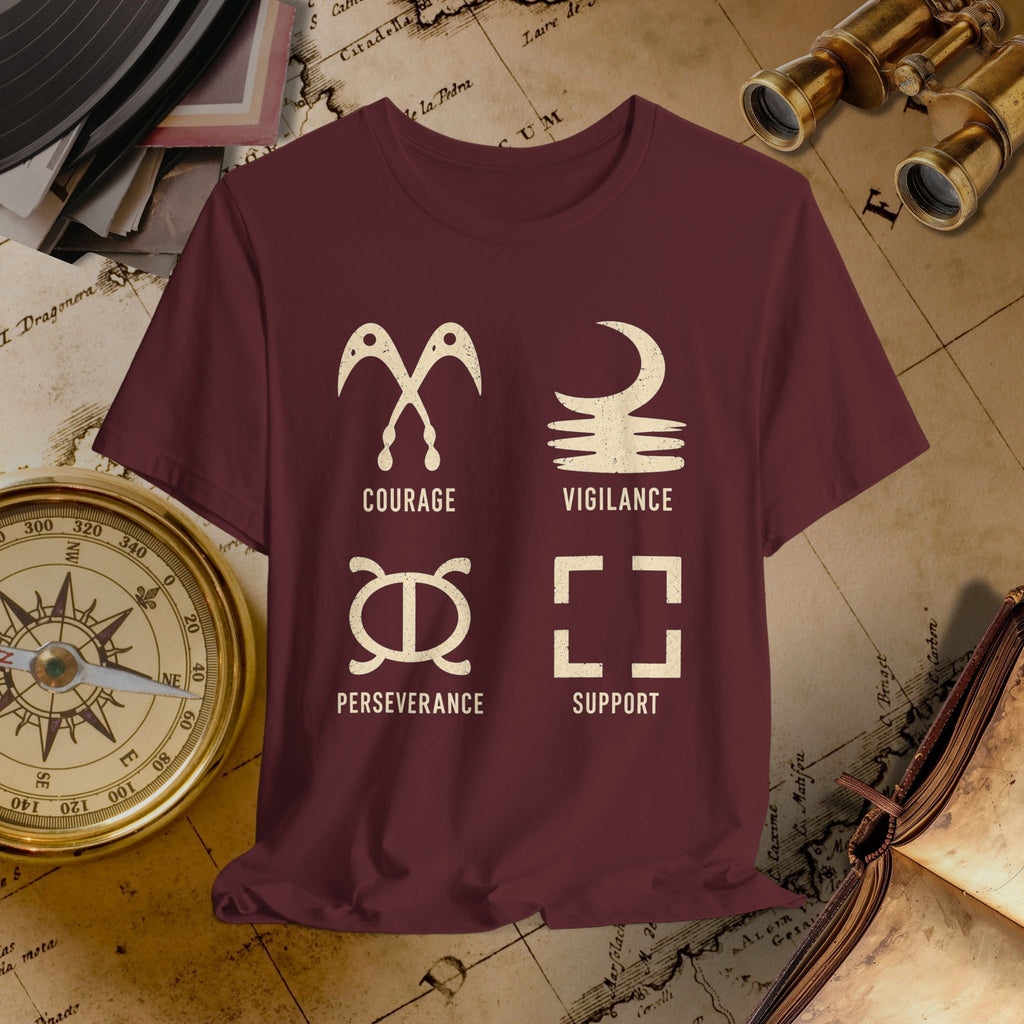 Maroon t-shirt with white symbols and text on a vintage map background